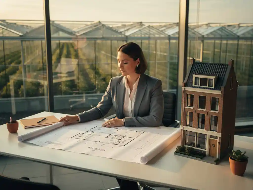 Makelaar in blazer bestudeert architectuurtekeningen op modern bureau met maquette van nieuwbouw Hollands grachtenpand, Westland-kassen op achtergrond.