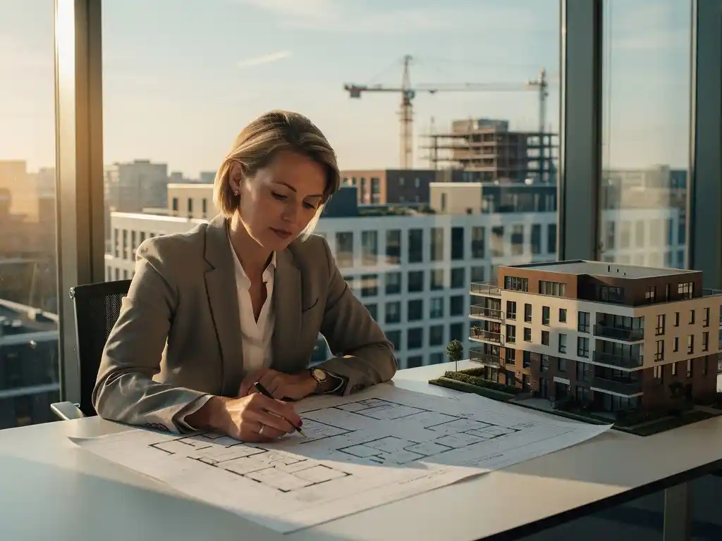 Makelaar in blazer bestudeert plattegronden op bureau met schaalmodel nieuwbouwwoning, Den Haag skyline op de achtergrond.