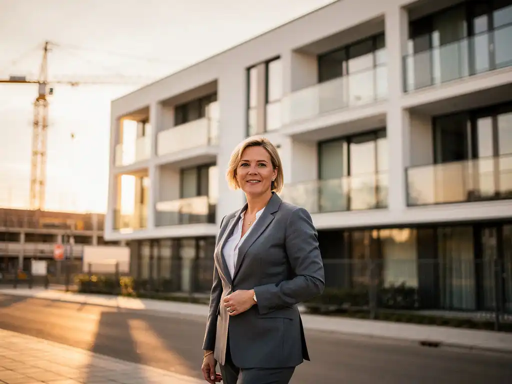 Makelaar in blazer voor nieuw woongebouw in Rijswijk met witte gevels, grote ramen en bouwkranen op de achtergrond.