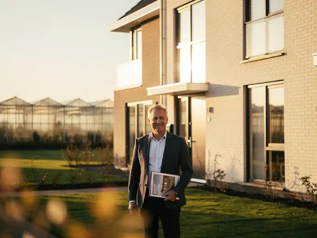 Makelaar met vastgoedmap voor moderne nieuwbouw rijwoning in Westland, kassen zichtbaar op de achtergrond in middagzon.