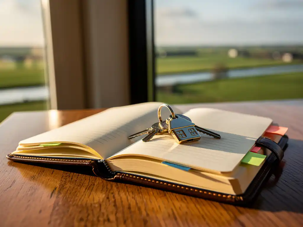 Leren notitieboek met kopersprofiele en huissleutels op eiken bureau, met Nederlands polderlandschap op de achtergrond.