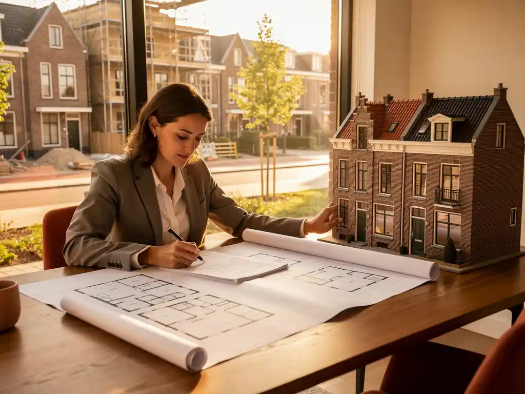 Makelaar bestudeert plattegronden op modern bureau met schaalmodel van Haagse nieuwbouwwoning, gouden middaglicht.