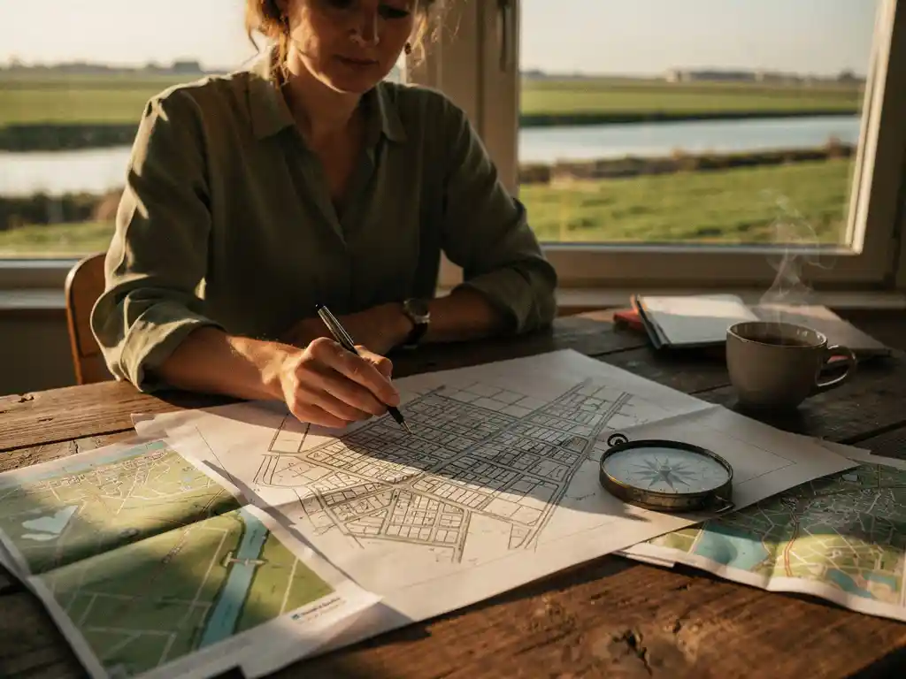 Makelaar bestudeert handgetekende plattegrond op houten tafel, omringd door polderkaarten, kompas en koffie, met uitzicht op groene weilanden.