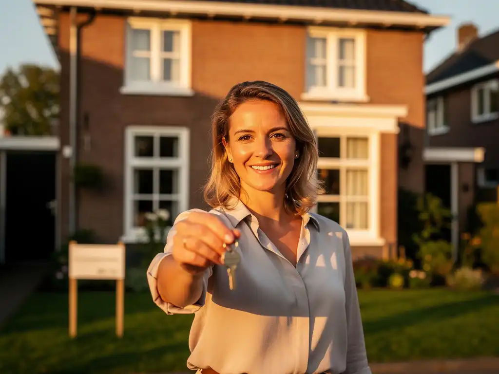 Makelaar overhandigt huissleutels bij verkocht woonhuis in Rijswijk, verkocht-bord op het gazon, warm middaglicht op bakstenen gevel.