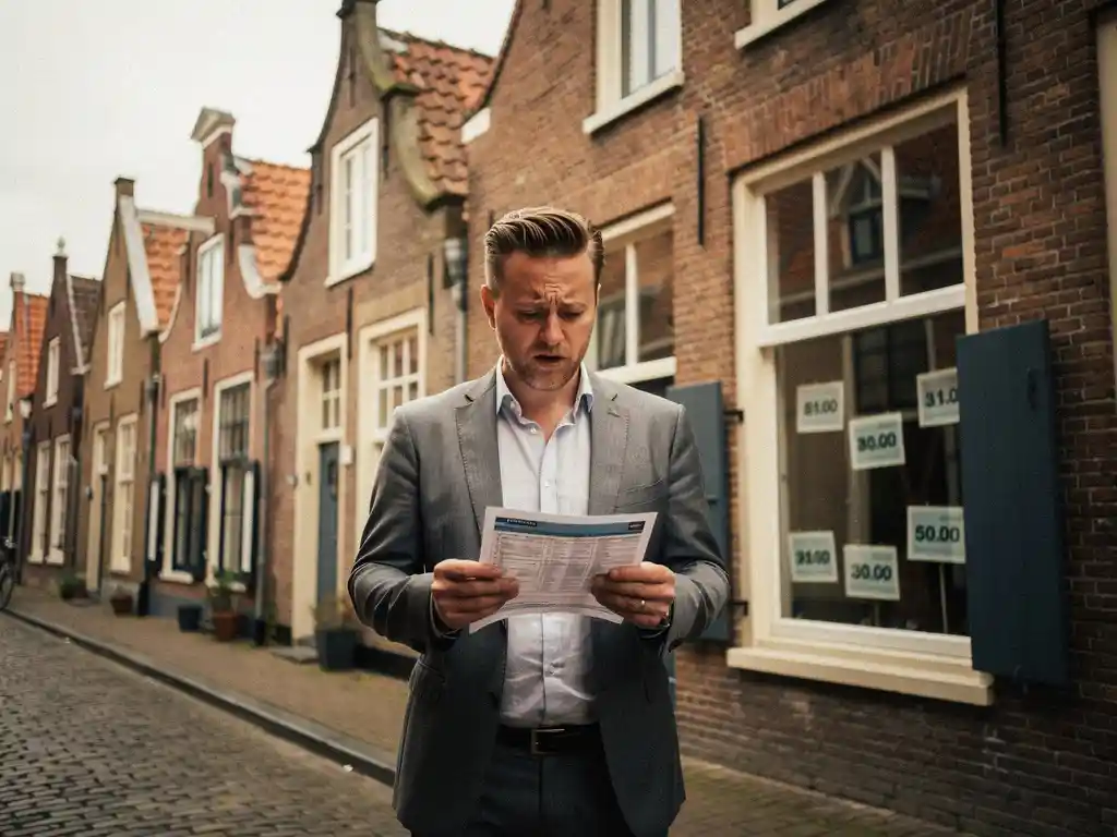Verwarde makelaar voor een Delfts grachtenpand met een taxatierapport, niet-overeenkomende prijskaartjes zichtbaar op het raam.