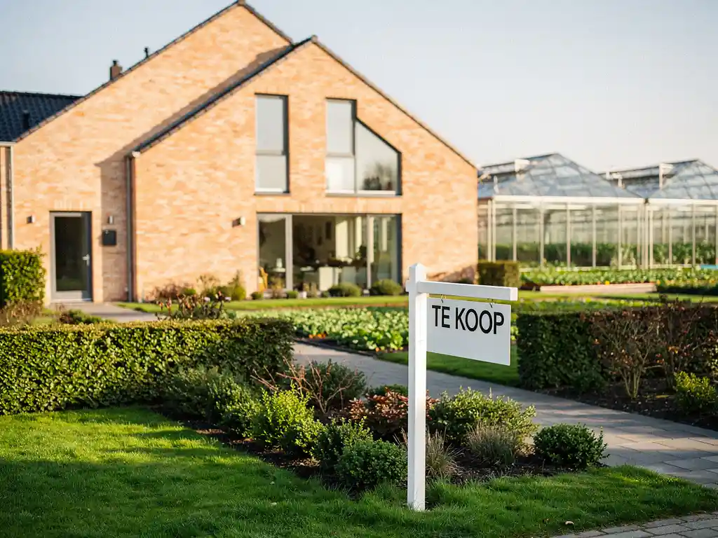 Moderne nieuwbouwwoning in Westland met Te Koop-bord in verzorgde voortuin, warme middagzon op lichtgele bakstenen gevel.