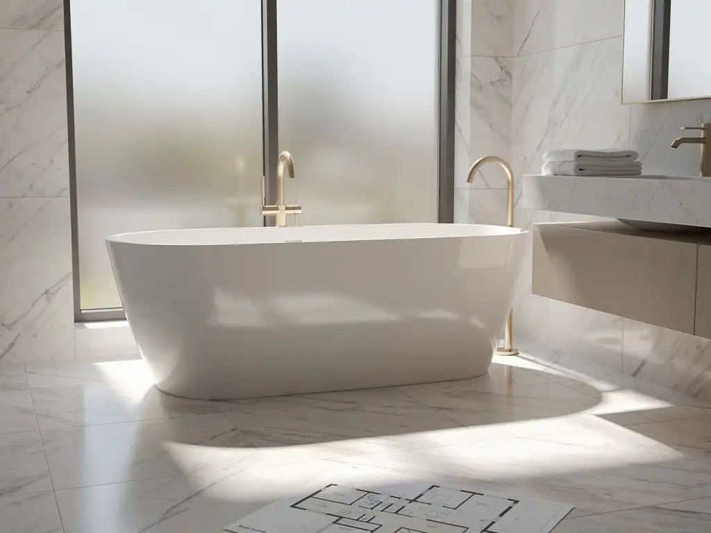 Vrijstaand bad bij berijpt raam in moderne badkamer met marmeren tegels, warm natuurlijk licht en vloerplan op de voorgrond.