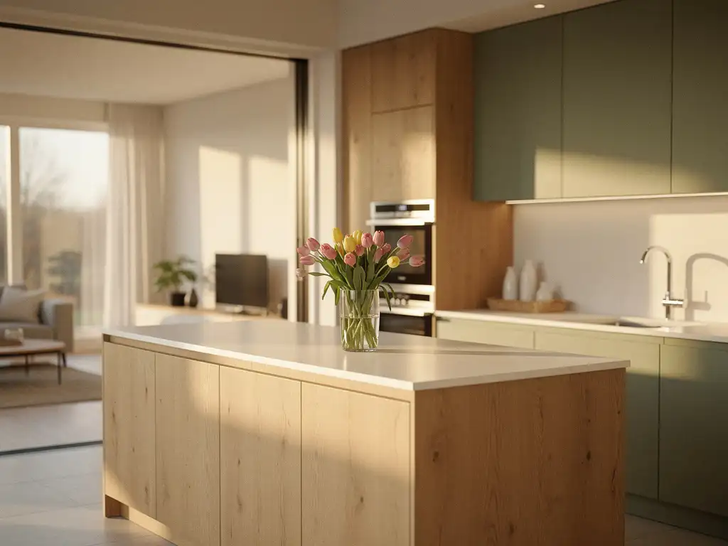 Moderne Nederlandse keuken met eiken werkbladen, witte countertops en verse tulpen op het keukeneiland in warm middaglicht.