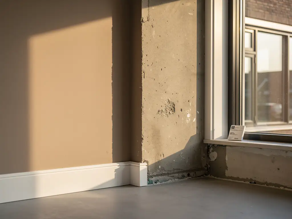 Moderne Nederlandse woonkamer half gestuct: één muur glad afgewerkt met sierlijst, aangrenzende muur ruw, prijskaartje op vensterbank, warm middaglicht.