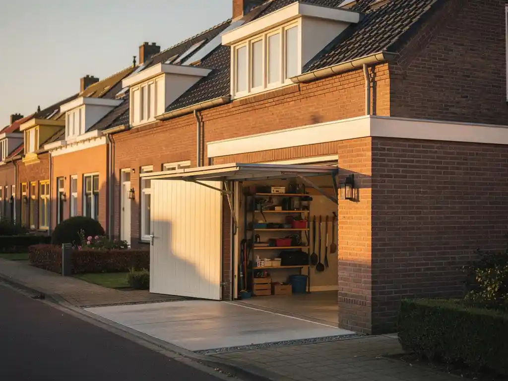 Halfopen garagedeur van een nette bakstenen rijtjeswoning in een Westlandse woonwijk, gefotografeerd in warm middaglicht.