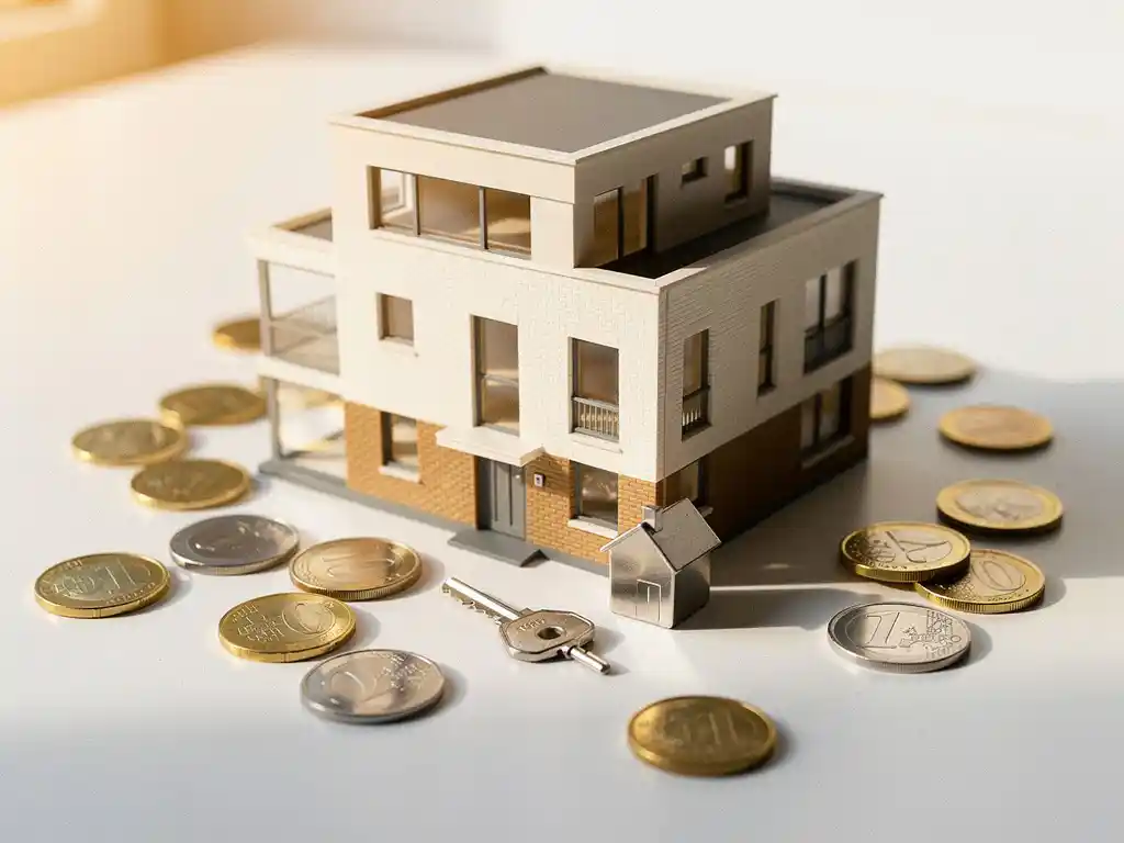 Architectuurmodel van een modern Nederlands woongebouw omringd door euromunten en een sleutel op wit oppervlak.