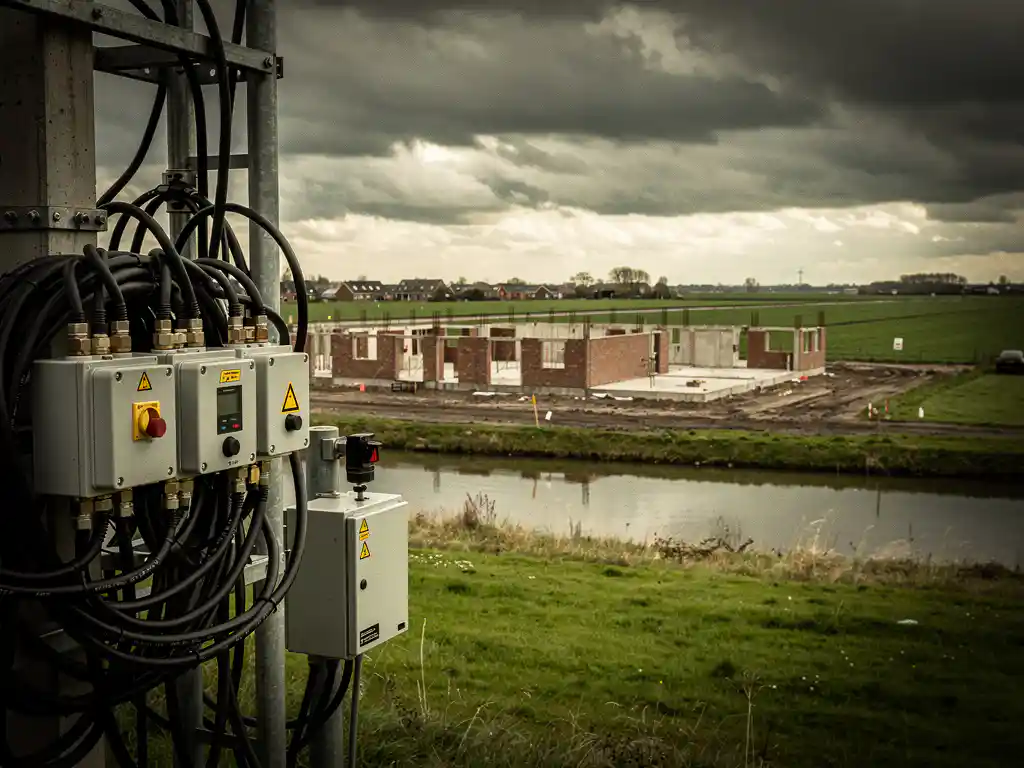 Overbelaste elektrische kabels en transformatoren naast een half afgebouwde woning in een Nederlands polderlandschap onder bewolkte lucht.