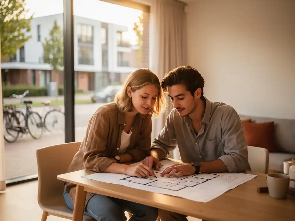 Twee jonge professionals bekijken plattegronden in een lichte nieuwbouwwoning in Den Haag met vloer-tot-plafondvensters.