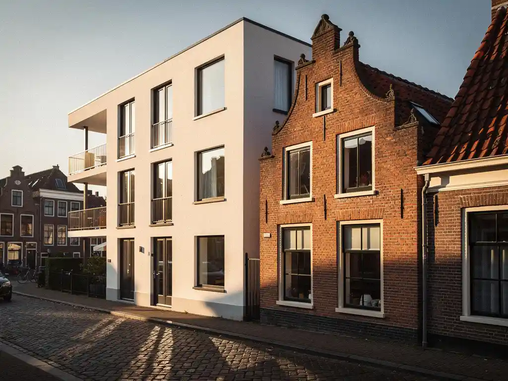 Nieuw witgepleisterd appartementengebouw naast historisch Delfts grachtenpand met bakstenen gevel in warm middaglicht.