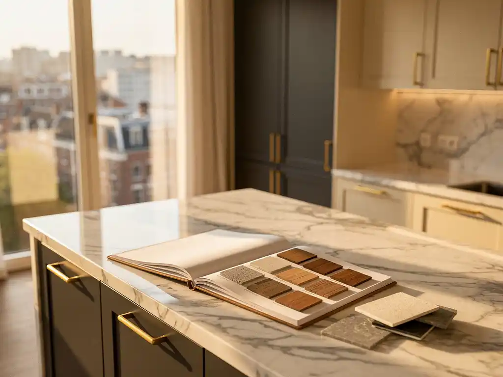 Luxe nieuwbouwkeuken in Den Haag met marmeren werkbladen, maatkasten en open stalenboek met steen- en houtfineren in gouden middaglicht.