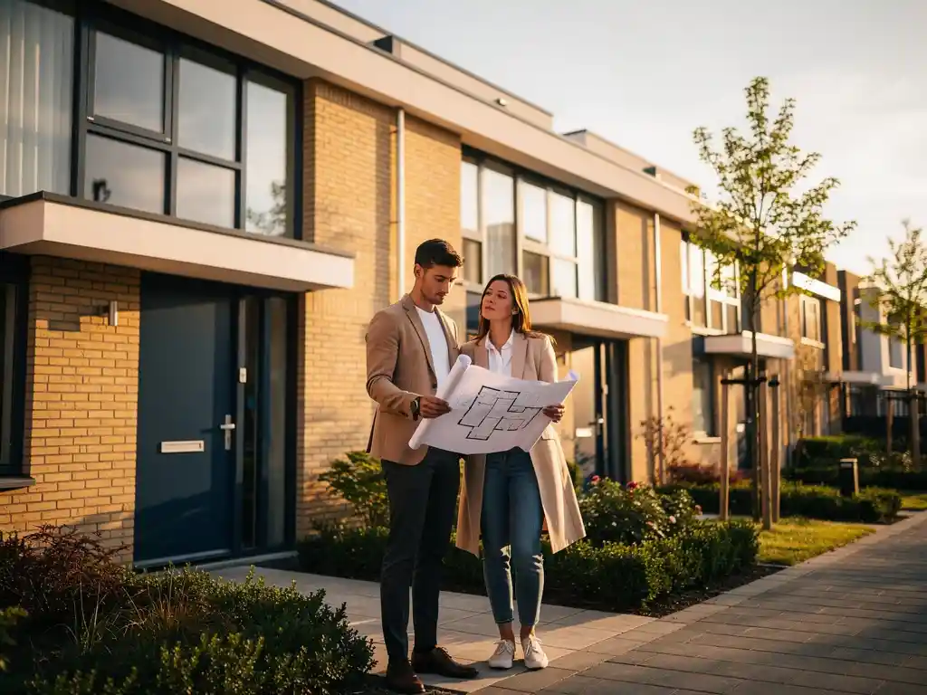 Jong stel bekijkt bouwtekeningen voor een moderne nieuwbouw rijwoning in Den Haag, omgeven door hedendaagse architectuur en verse beplanting.
