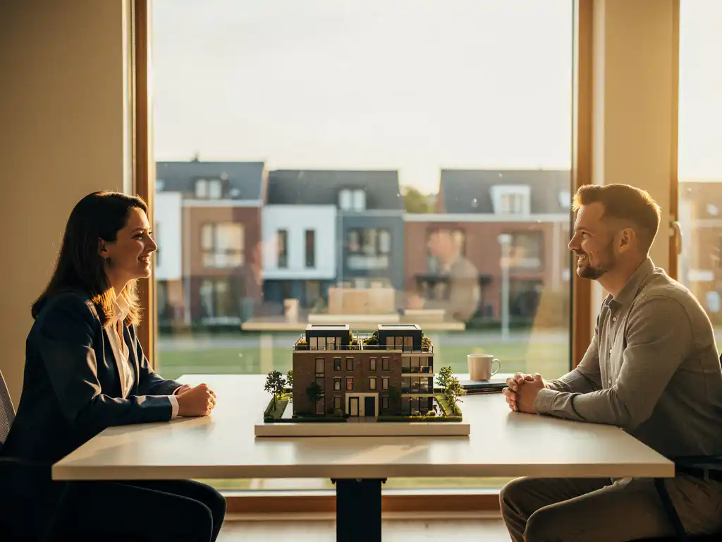 Makelaar en klant aan modern bureau met architectuurmaquette van nieuwbouwwoning, hedendaagse Nederlandse wijk zichtbaar op achtergrond.