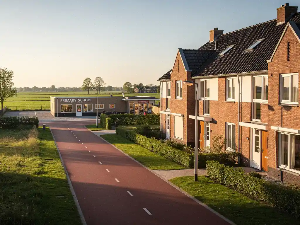 Nieuwgebouwde Nederlandse rijtjeswoning met fietspad richting school en buurtwinkel, groene polderlandschap van Midden-Delfland op achtergrond.