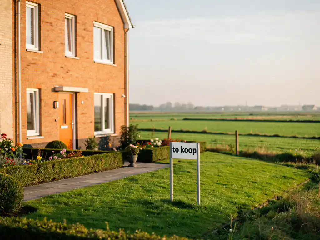 Nieuwbouw rijwoning in Midden-Delfland met te koop-bord in voortuin, groene polders en typisch Nederlandse lucht op de achtergrond.