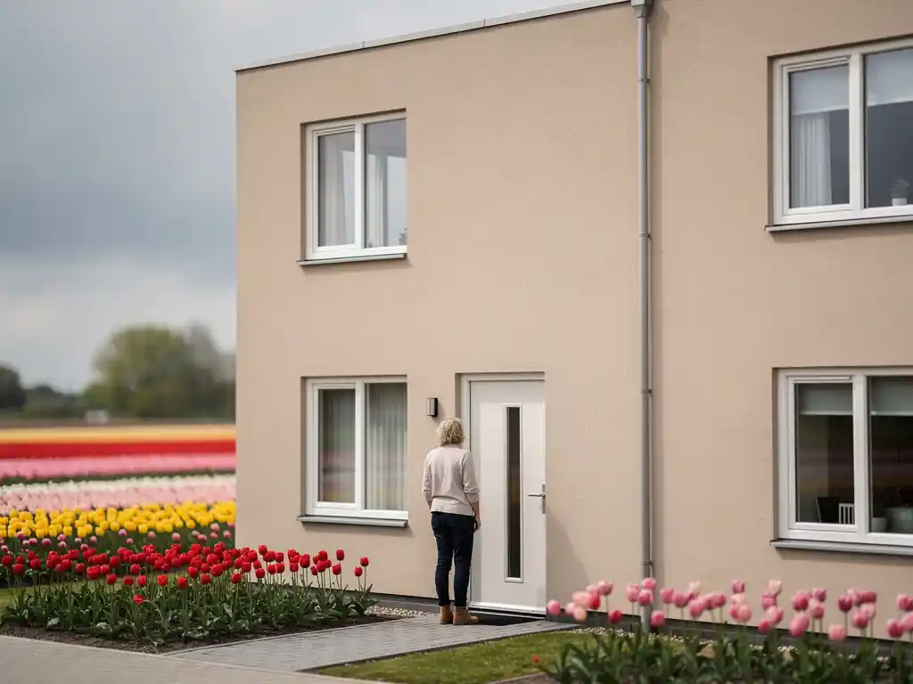 Potentiële koper bij voordeur van nieuwbouw rijtjeshuis in Westland met sobere gevel en wazige tulpenvelden op achtergrond.