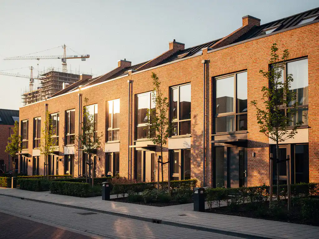 Nieuwbouw rijtjeswoningen in Den Haag met terracotta bakstenen gevels en grote ramen, bouwkranen zichtbaar in de achtergrond.