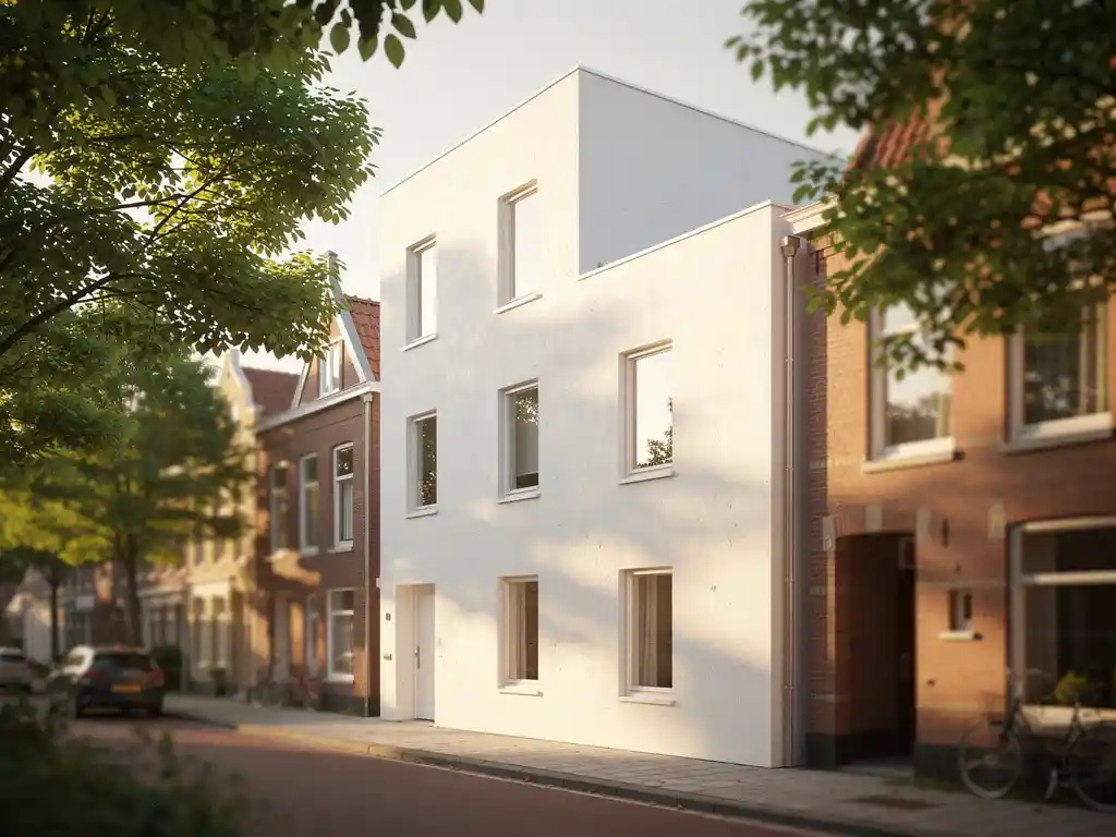 Nieuw wit stucwerk rijtjeshuis in Den Haag, omgeven door groene straatbomen en oudere bakstenen woningen op de achtergrond.