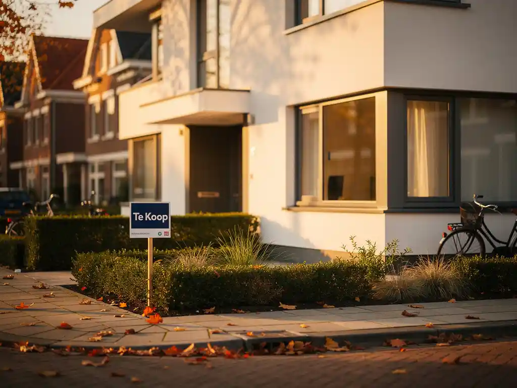 Nieuwbouwwoning in Den Haag te koop bij gouden uurgloed, met Te Koop-bord in verzorgde voortuin en herfstbladeren op de stoep.