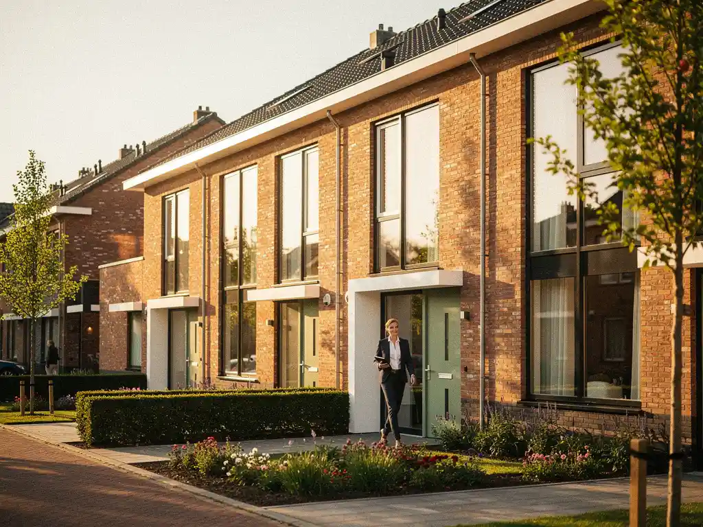 Makelaar met klembord loopt naar nieuwbouwwoningen in Delft, moderne bakstenen gevels met grote ramen in warm middaglicht.