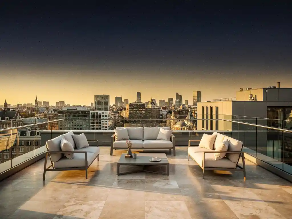 Luxe penthouse terras in Den Haag met elegant buitenmeubilair, glazen balustrades en panoramisch stadsgezicht tijdens het gouden uur.