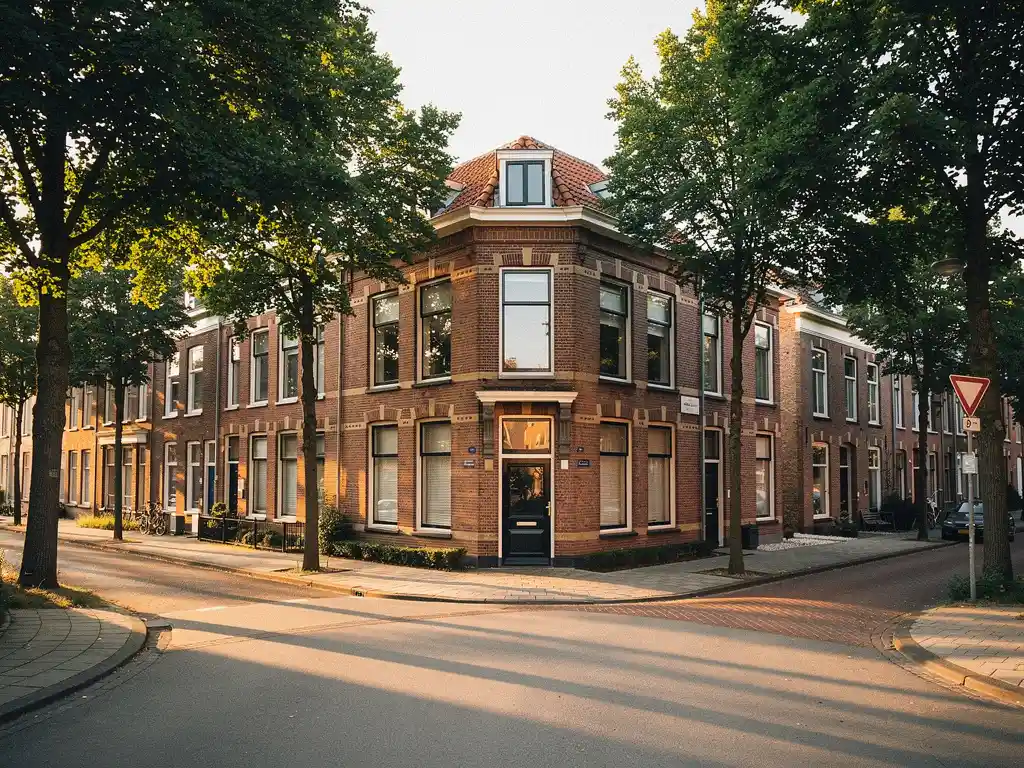 Klassieke hoekwoning in Rijswijk met bakstenen gevel en grote ramen op twee straatzijden, omgeven door volwassen bomen in warm middagzonlicht.