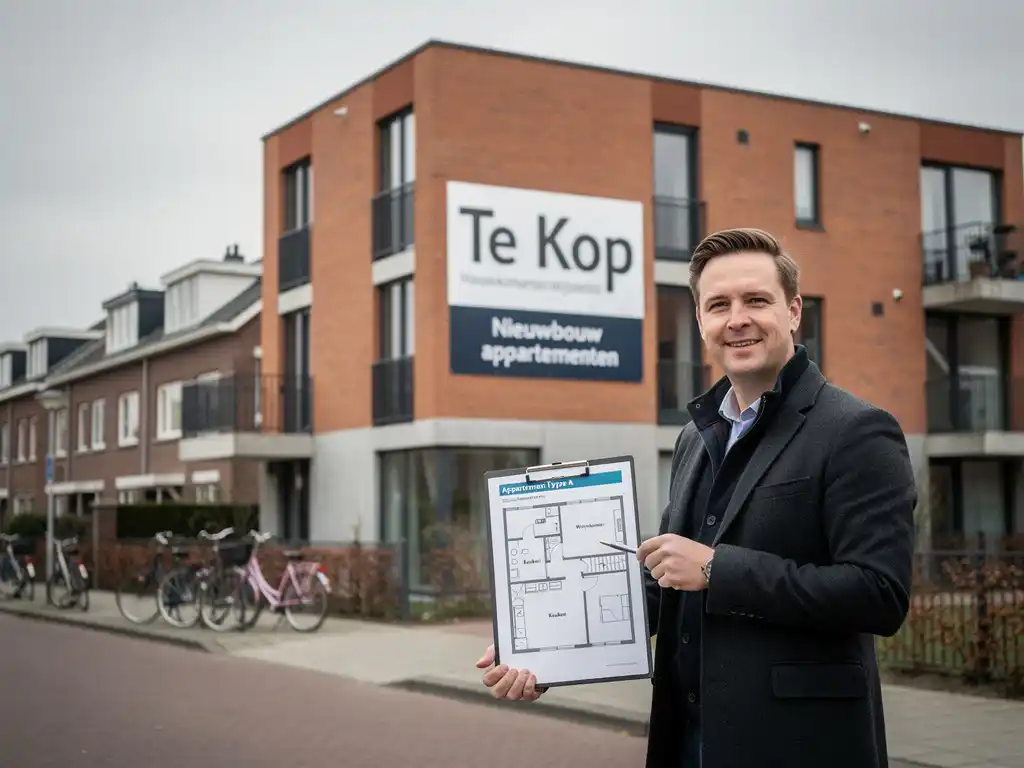 Nieuwbouw appartementencomplex in Rijswijk met Te Koop-bord, makelaar bekijkt plattegronden op clipboard op de voorgrond.