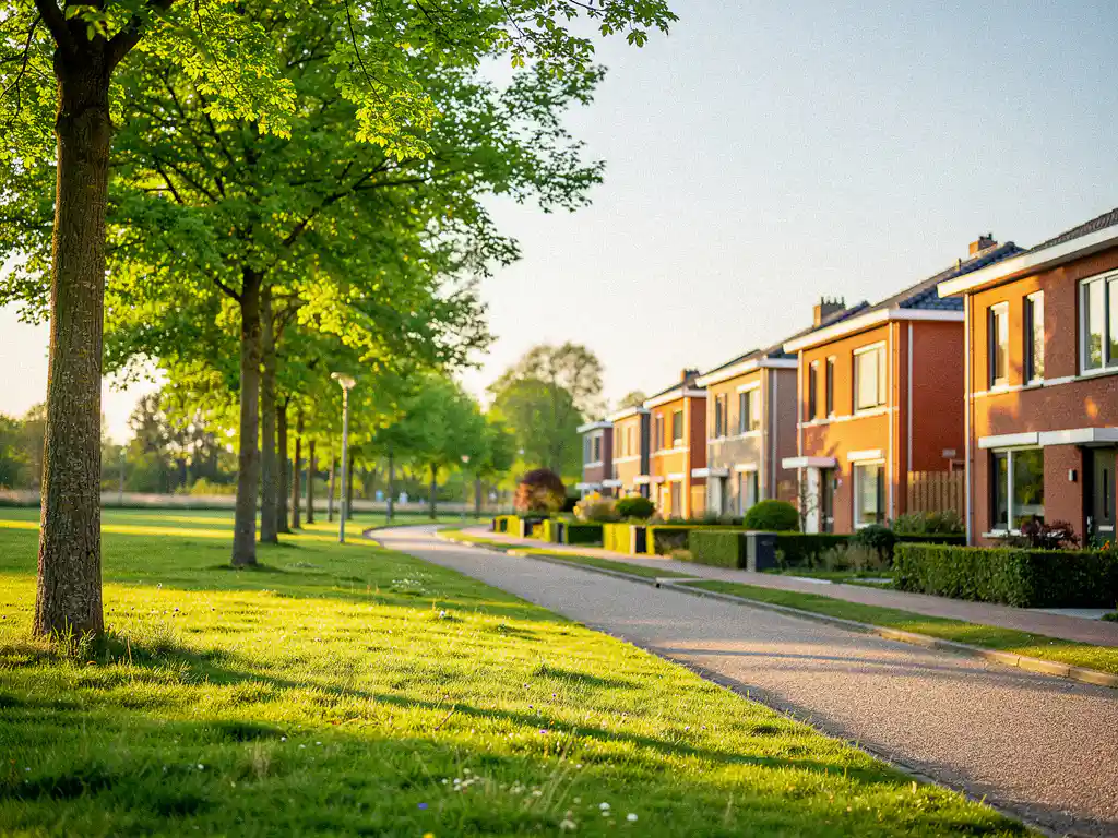 Nieuwbouwstraat in Rijswijk met moderne bakstenen rijtjeshuizen langs een groen park met volwassen bomen in warm middaglicht.