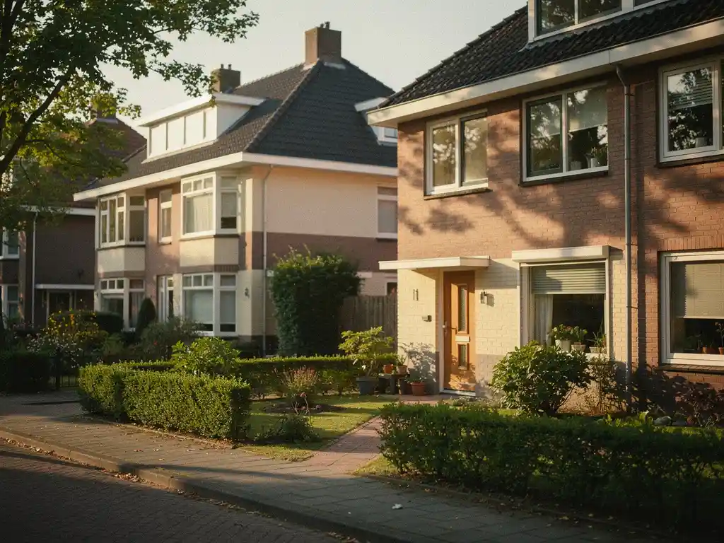 Bescheiden starterswoning met kleine tuin in Rijswijk, met een grotere gezinswoning op de achtergrond in warm middaglicht.