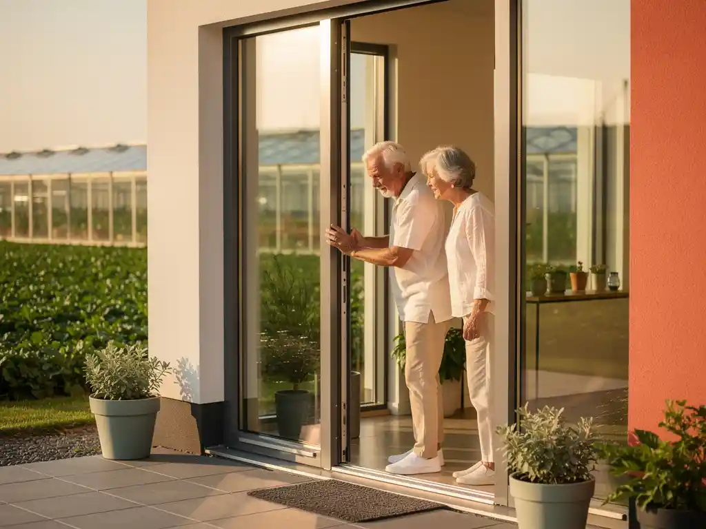 Senioren paar bij de ingang van een moderne nieuwbouwwoning in Westland, met brede deuropening en drempelvrije toegang, kassen op achtergrond.