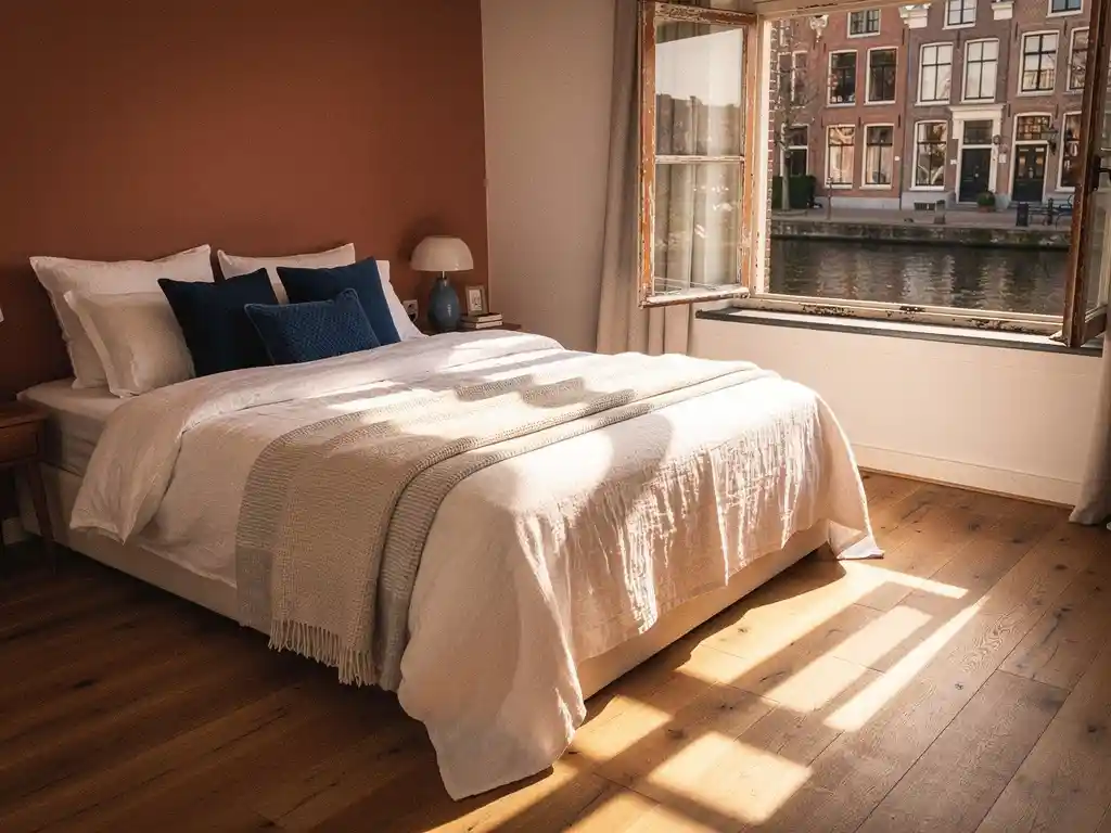 Opgemaakt tweepersoonsbed met wit linnen in een zonnige slaapkamer in Delft, met eiken vloer en uitzicht op een gracht.