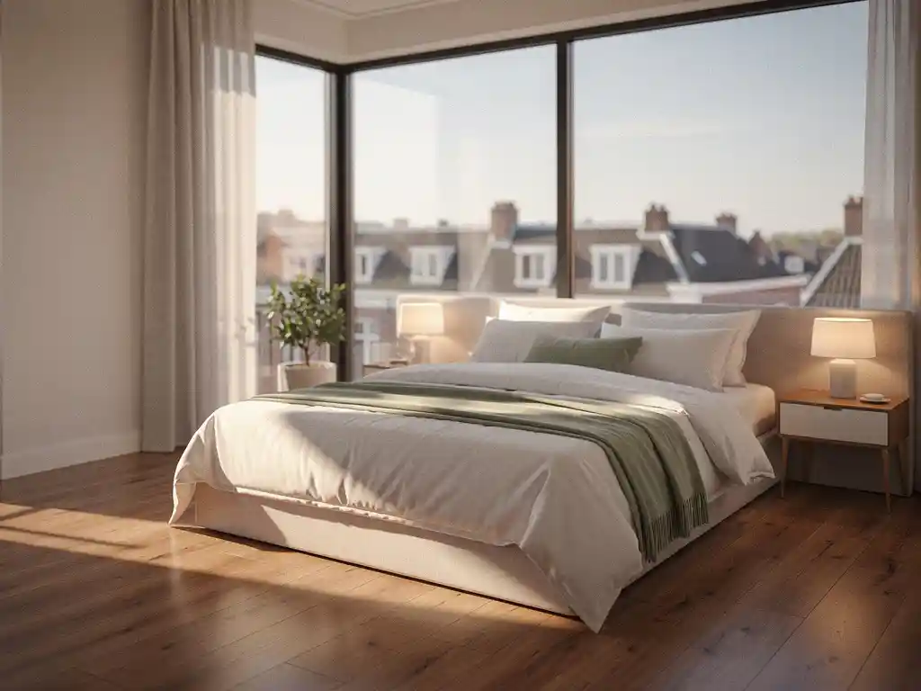 Ruime master bedroom met kingsize bed, linnen beddengoed en vloer-tot-plafond ramen met uitzicht op de skyline van Den Haag.