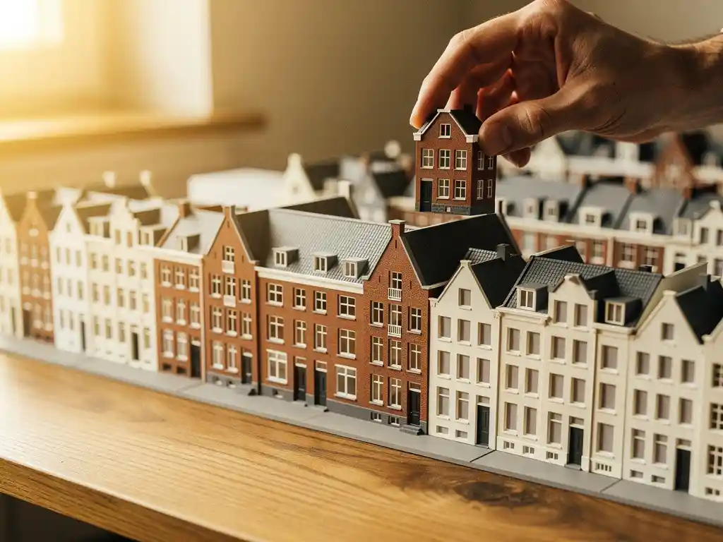 Hand plaatst een miniatuur rijtjeswoning in een architectonisch schaalmodel van een Nederlandse woonwijk in transformatie.