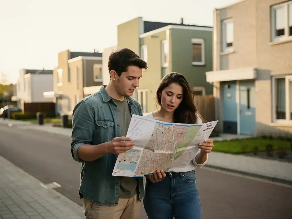 Stel bestudeert een plattegrond op een rustige nieuwbouwstraat in een Nederlandse wijk met rijtjeshuizen op de achtergrond.