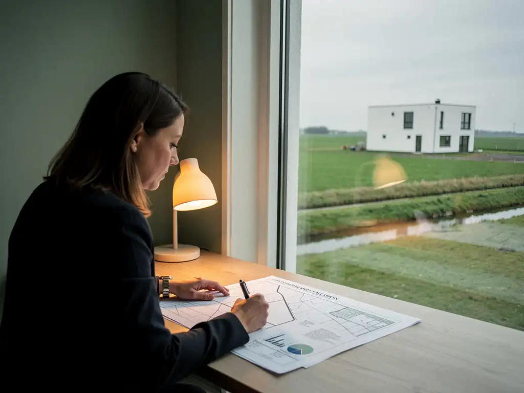 Makelaar bestudeert taxatieformulier bij raam met uitzicht op vrijstaande nieuwbouwwoning in open polderlandschap.