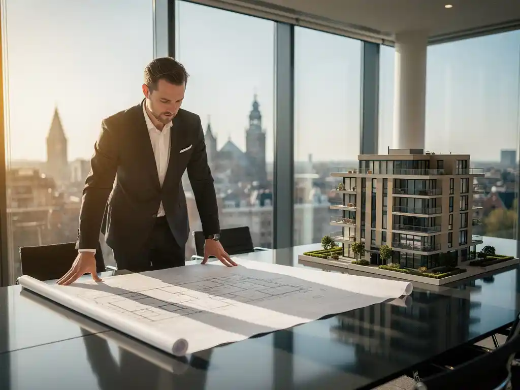 Projectontwikkelaar in pak bestudeert architectuurtekeningen op vergadertafel met schaalmodel woongebouw, skyline Den Haag op achtergrond.