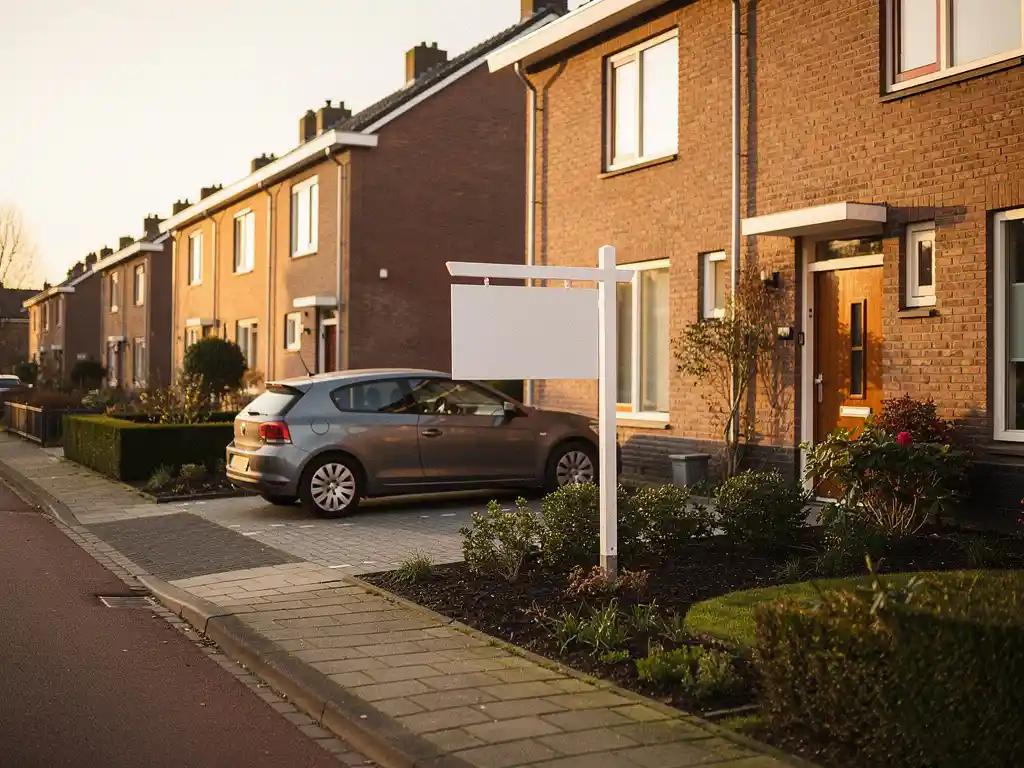 Verkocht woning in Den Haag met makelaarsbord in voortuin, geparkeerde auto en bakstenen rijtjeshuizen op zonnige straat.