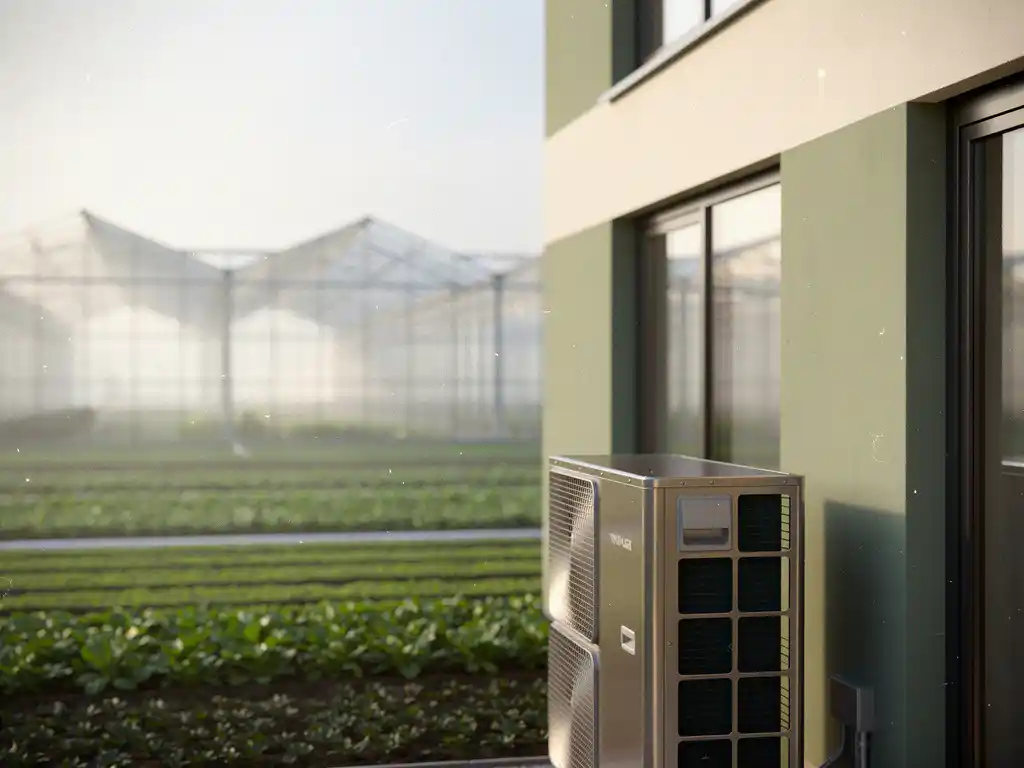 Warmtepomp naast een moderne nieuwbouwwoning in Westland, met serres en ochtendmist op de achtergrond.