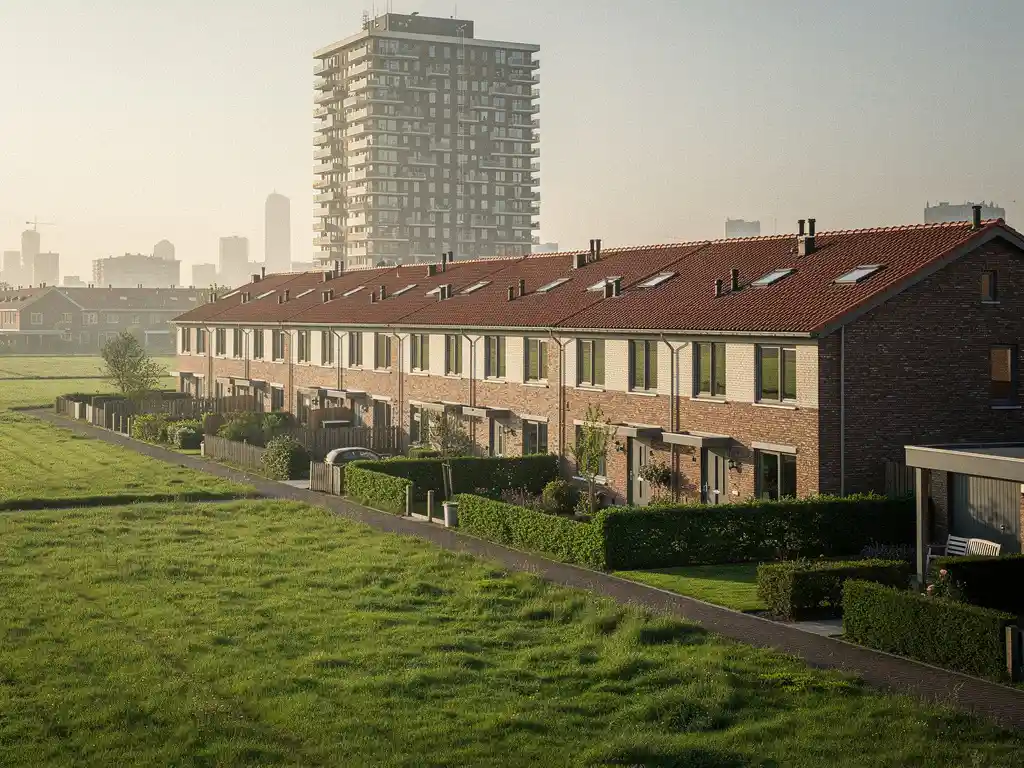 Rijtjeswoningen in Westland's groene polderlandschap met stedelijk appartementenblok op achtergrond, warme middagzon op terracotta daken.
