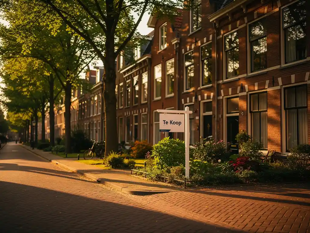 Boomrijke woonstraat in Den Haag met bakstenen rijwoningen, verzorgde voortuinen en een Te Koop-bord in warm middaglicht.