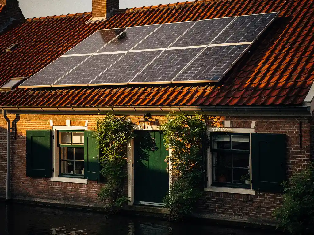 Zonnepanelen op een traditioneel Delfts bakstenen dak boven een grachtenpand met houten raamkozijnen en klimplanten.