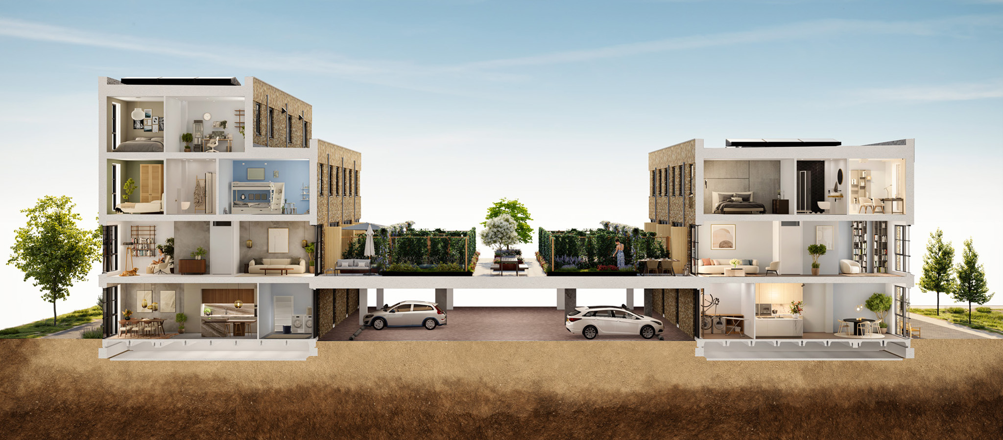 Nieuw Houtwijk Den Haag - Doorsnede bnr 111-112 met tuin 2048 x 900